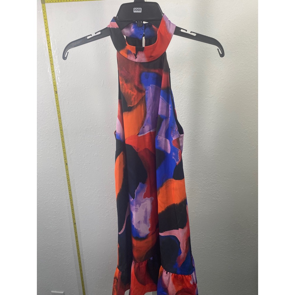 French Connection Abstract Halte Dress Orange Blue Purple Watercolor Ruffle